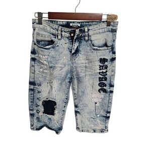 Rock Salt Boys Acid Wash Distressed Savage Graphic Denim Shorts Light Blue SZ 14